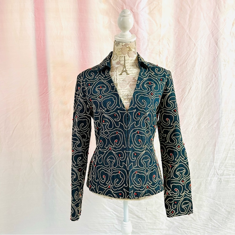 Anne Klein Denim Blazer Embroidered Red Beads Fits Size 8/10 Cotton